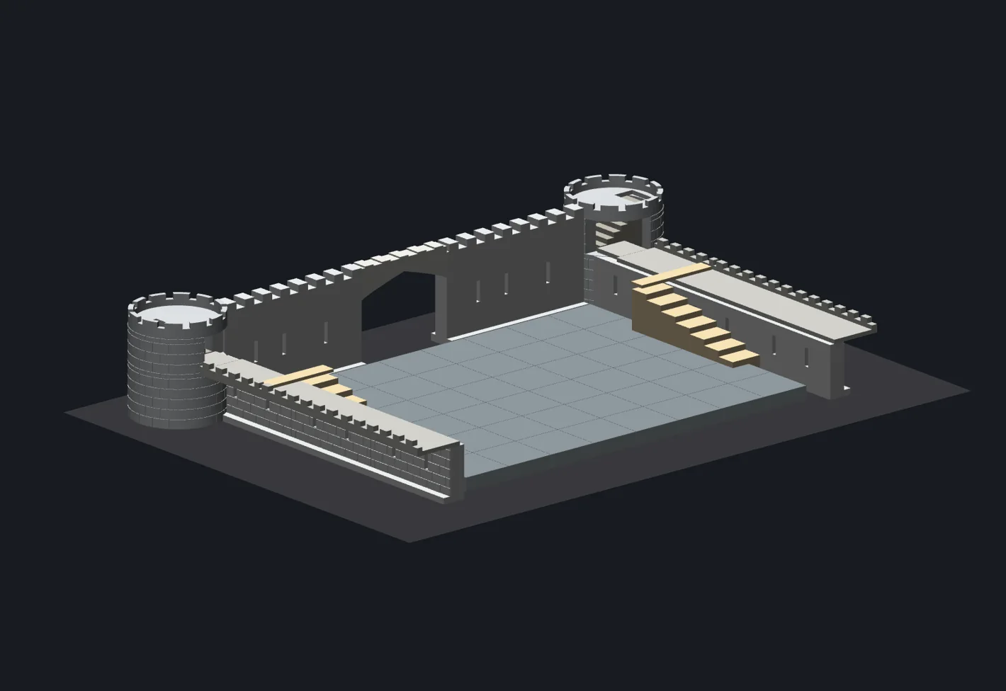 Early three-wall castle CAD layout with towers and open rear for tabletop access