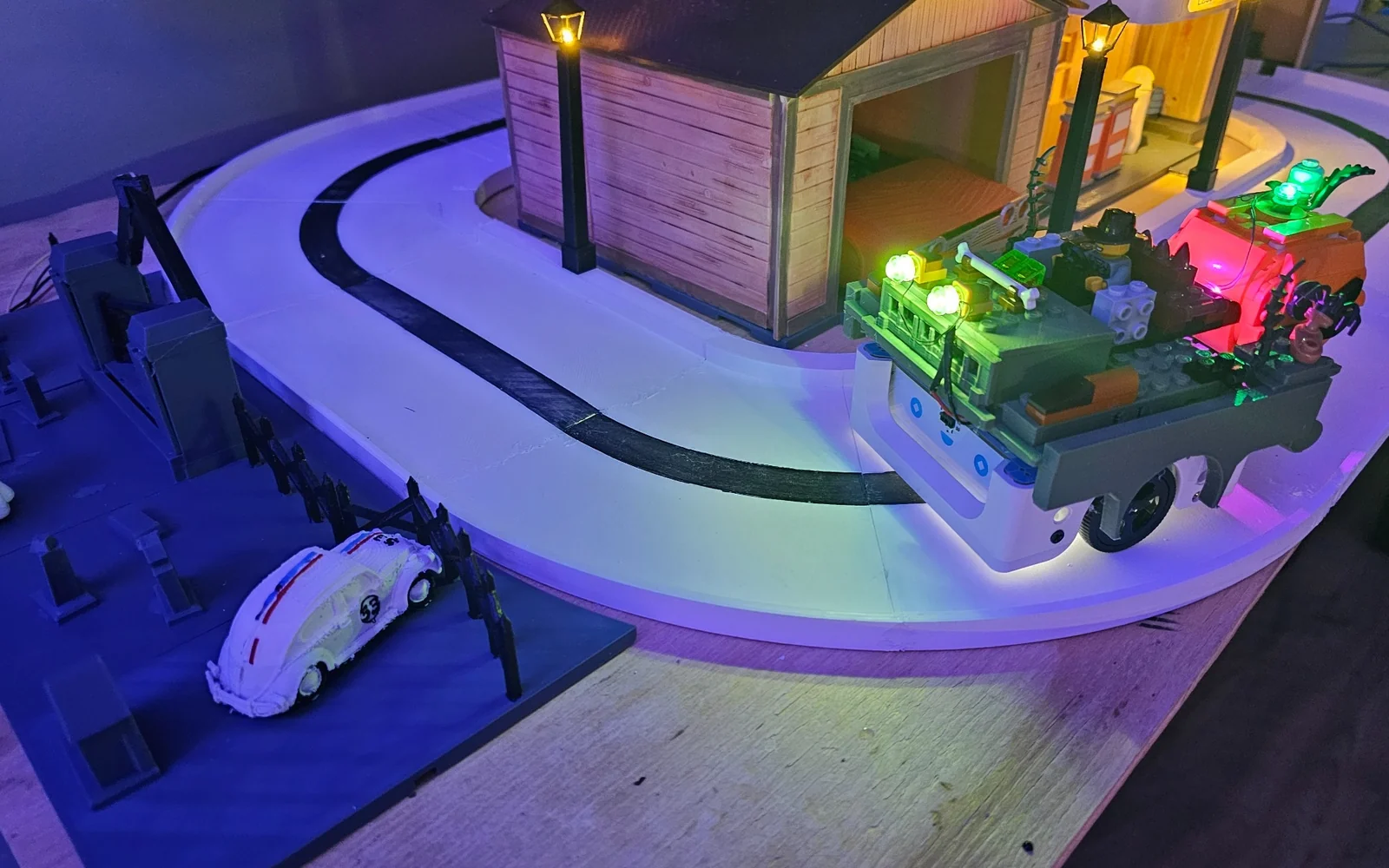 Photograph of the completed and operating Last Stop Garage robot display