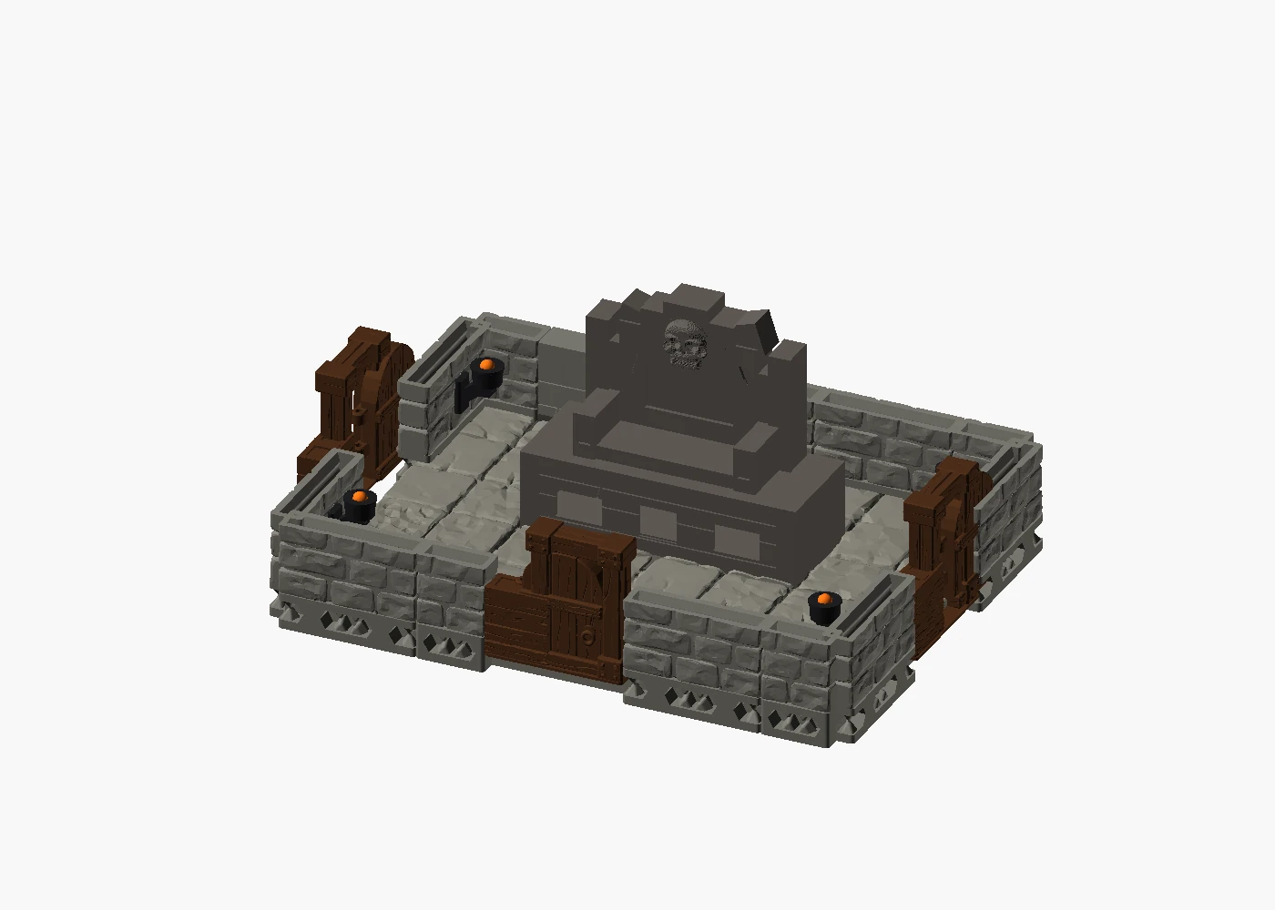 Early CAD view of a stone throne room with three doors and a raised throne platform.
