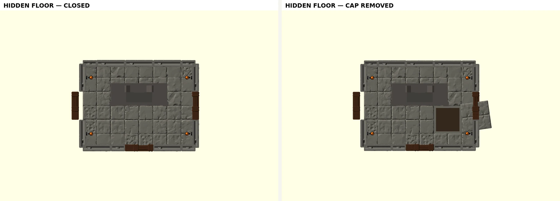 Two historical CAD views comparing the hidden floor compartment closed and uncovered.