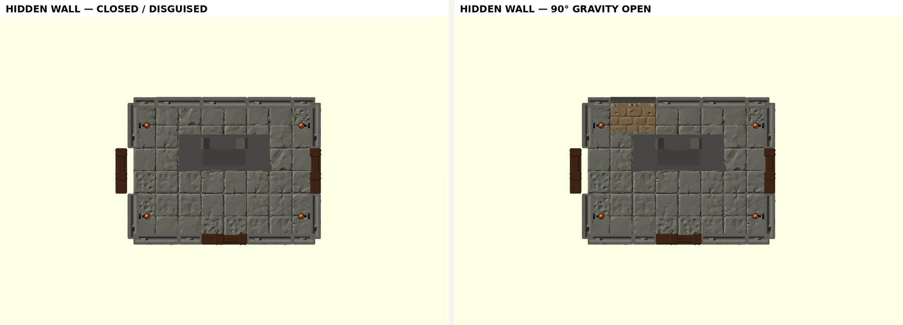 Two historical CAD views showing the concealed wall feature closed and open.